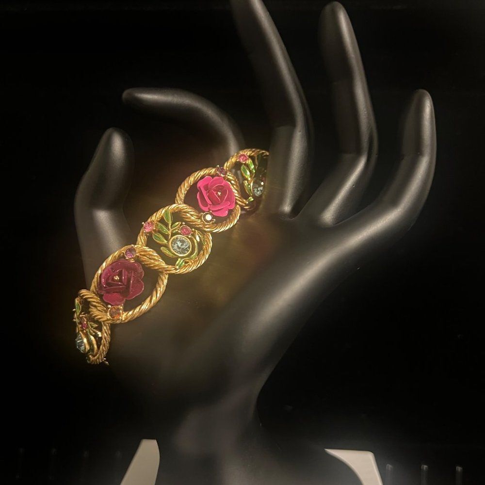Joan Rivers Victorian Rose Flower Rhinestones Bracelet VTG Jewelry Collectable - Picture 2 of 6
